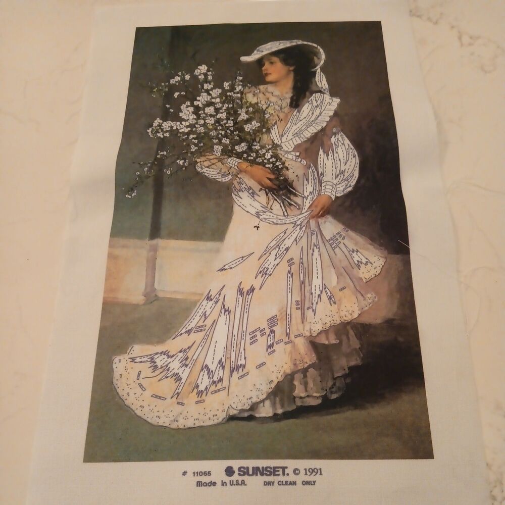 1991 SUNSET Crewel Kit Springtime Elegance 11065 Victorian Lady Flowers Started